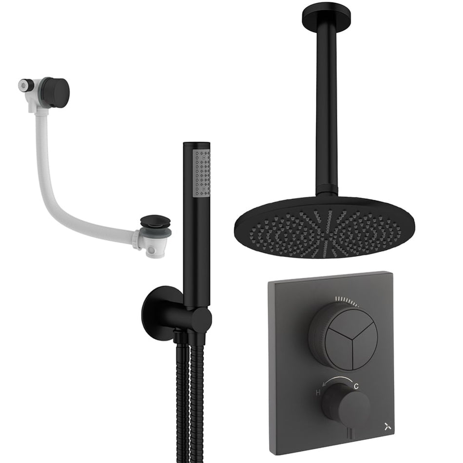 Crosswater Mpro Push 3 Outlet Thermostatic Concealed Shower Set 7 With 300mm Head and Ceiling Mounted Arm - Matt Black