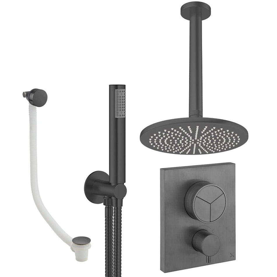 Crosswater Mpro Push 3 Outlet Thermostatic Concealed Shower Set 7 With 300mm Head and Ceiling Mounted Arm - Slate