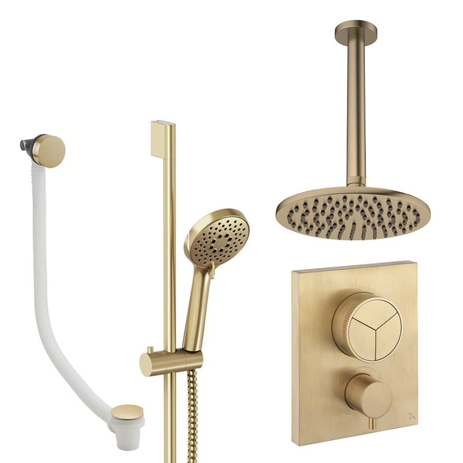 Crosswater Mpro Push 3 Outlet Thermostatic Concealed Shower Set 8 With 200mm Head and Ceiling Mounted Arm - Brushed Brass