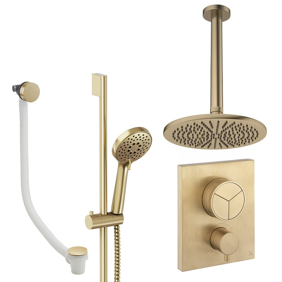 Crosswater Mpro Push 3 Outlet Thermostatic Concealed Shower Set 8 With 300mm Head and Ceiling Mounted Arm - Brushed Brass