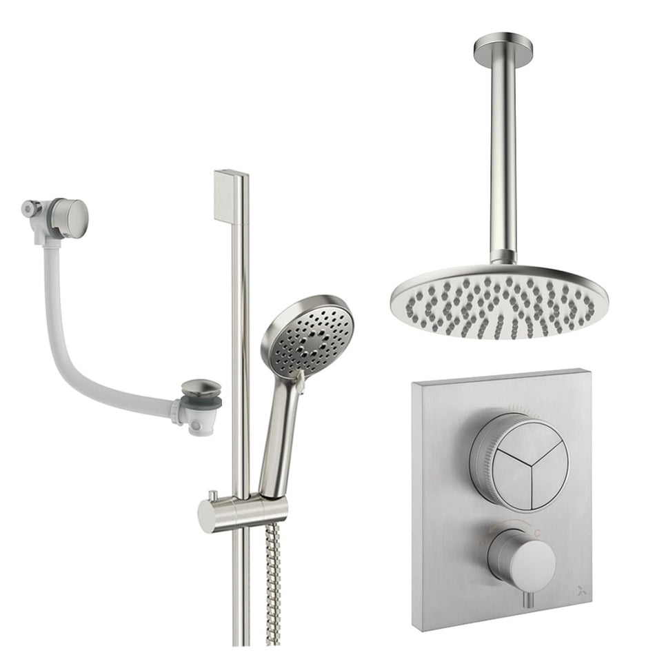 Crosswater Mpro Push 3 Outlet Thermostatic Concealed Shower Set 8 With 200mm Head and Ceiling Mounted Arm - Brushed Nickel