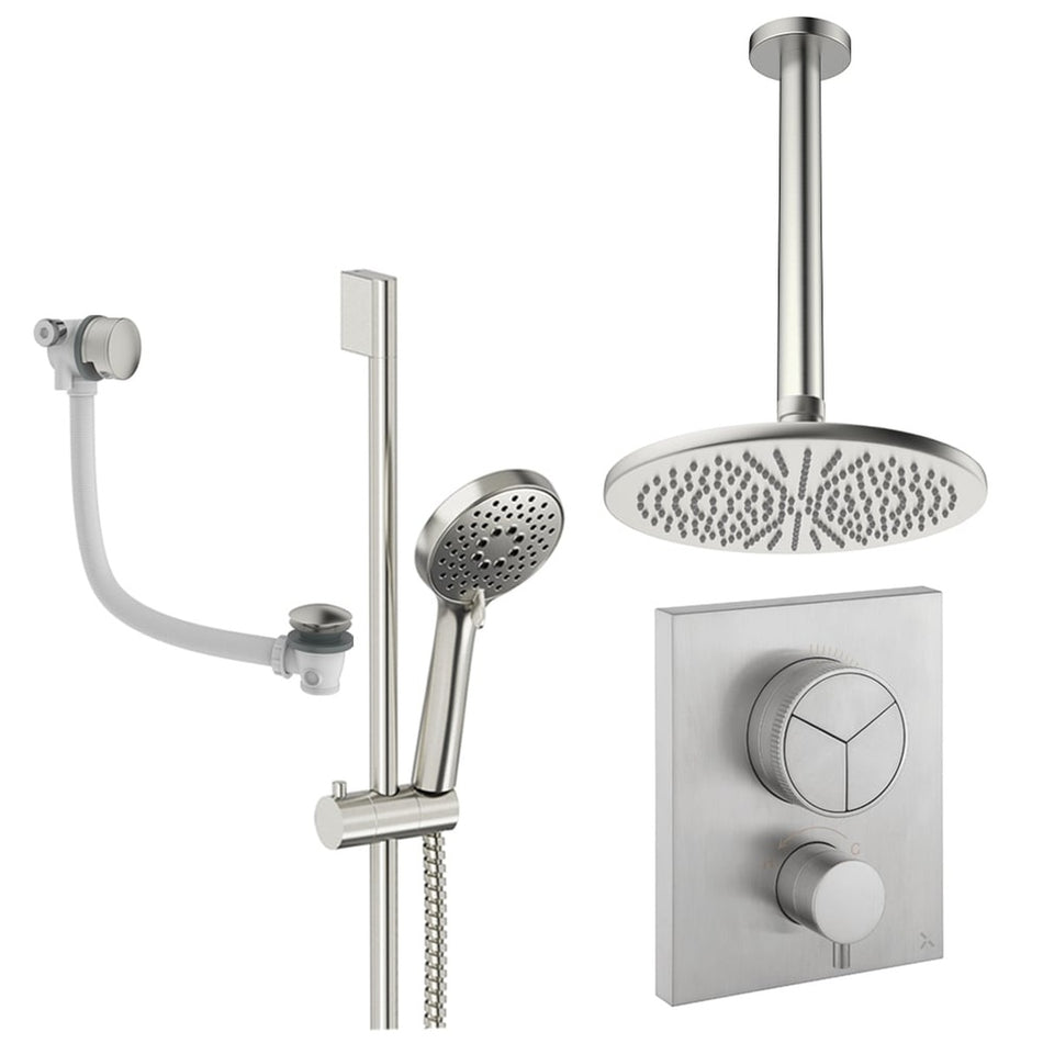 Crosswater Mpro Push 3 Outlet Thermostatic Concealed Shower Set 8 With 300mm Head and Ceiling Mounted Arm - Brushed Nickel