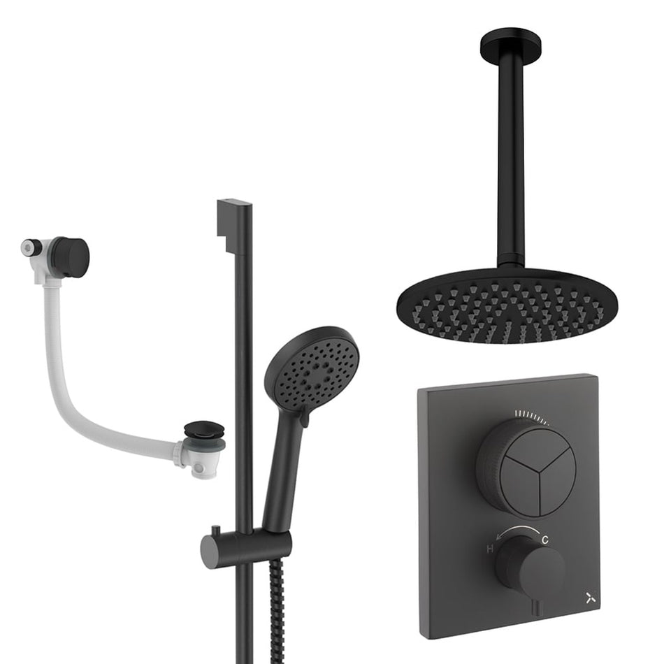 Crosswater Mpro Push 3 Outlet Thermostatic Concealed Shower Set 8 With 200mm Head and Ceiling Mounted Arm - Matt Black