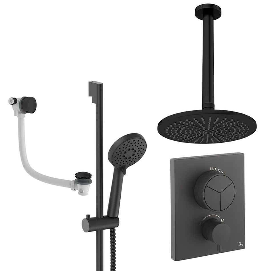 Crosswater Mpro Push 3 Outlet Thermostatic Concealed Shower Set 8 With 300mm Head and Ceiling Mounted Arm - Matt Black