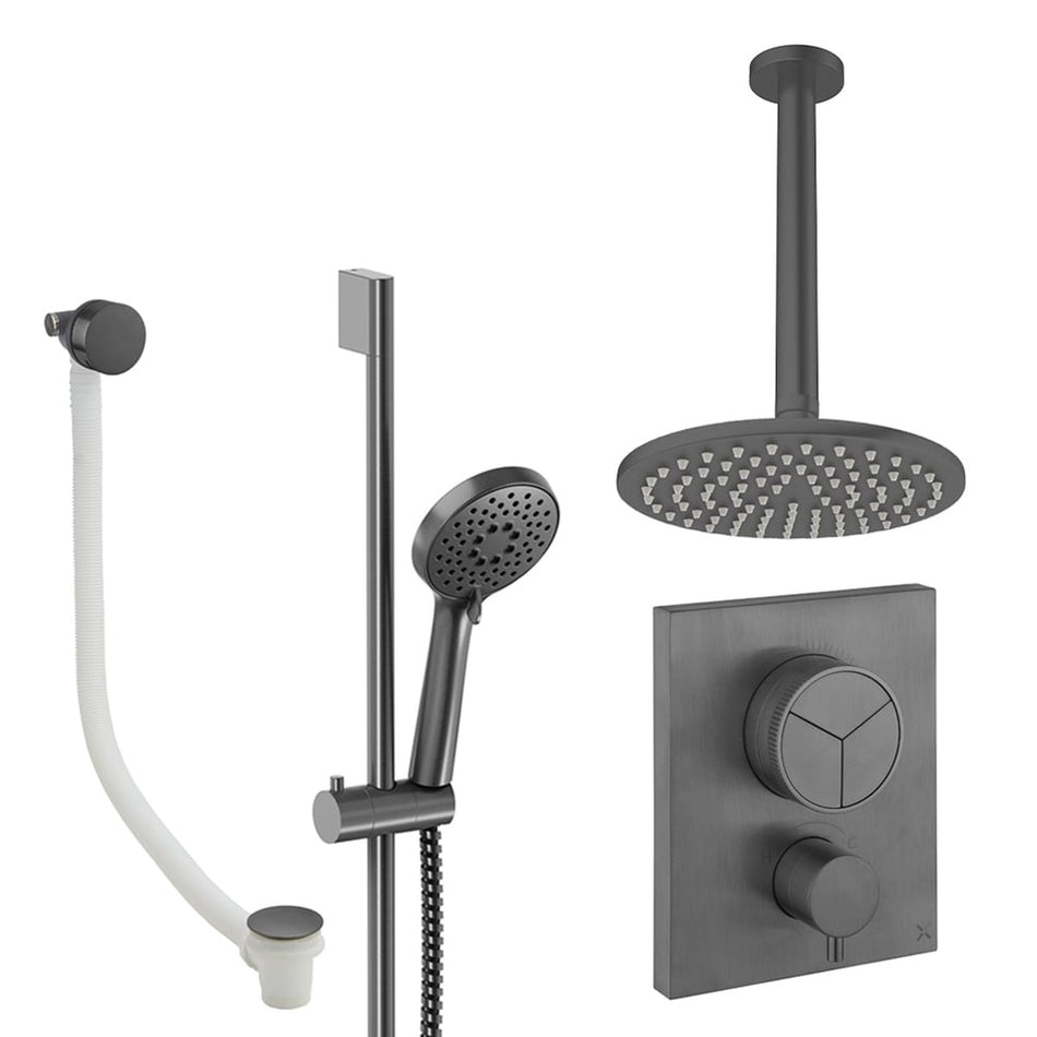 Crosswater Mpro Push 3 Outlet Thermostatic Concealed Shower Set 8 With 200mm Head and Ceiling Mounted Arm - Slate