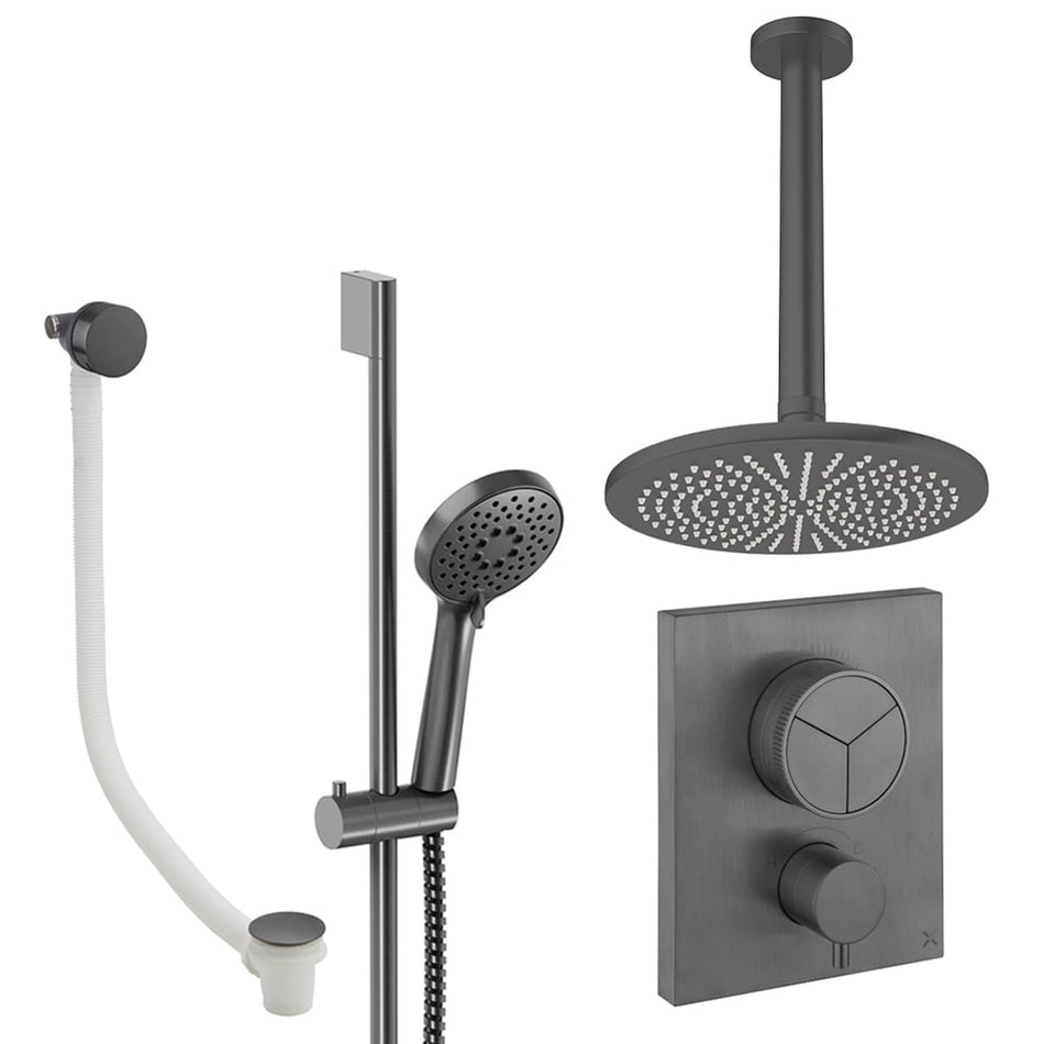 Crosswater Mpro Push 3 Outlet Thermostatic Concealed Shower Set 8 With 300mm Head and Ceiling Mounted Arm - Slate