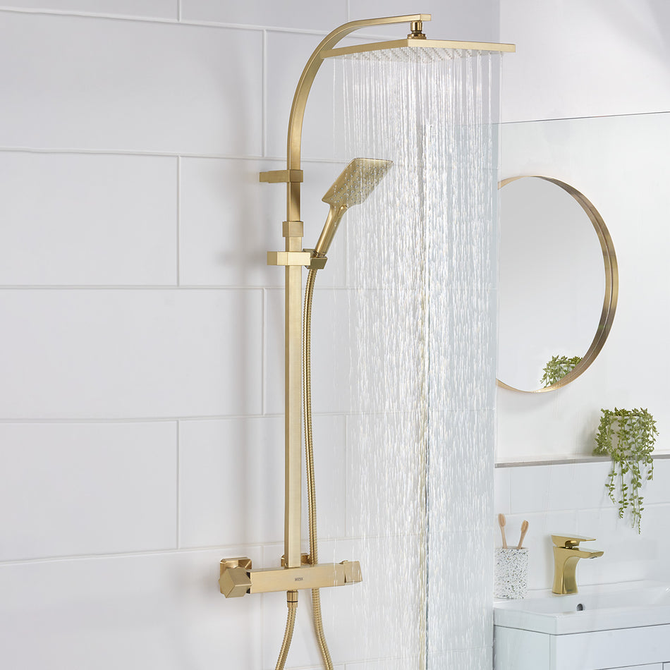 Bristan Quadrato Multi Function Thermostatic Bar Shower Valve With Rigid Riser -Touch Technology - Brushed Brass