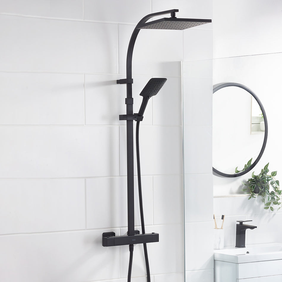Bristan Quadrato Multi Function Thermostatic Bar Shower Valve With Rigid Riser -Touch Technology - Matt Black