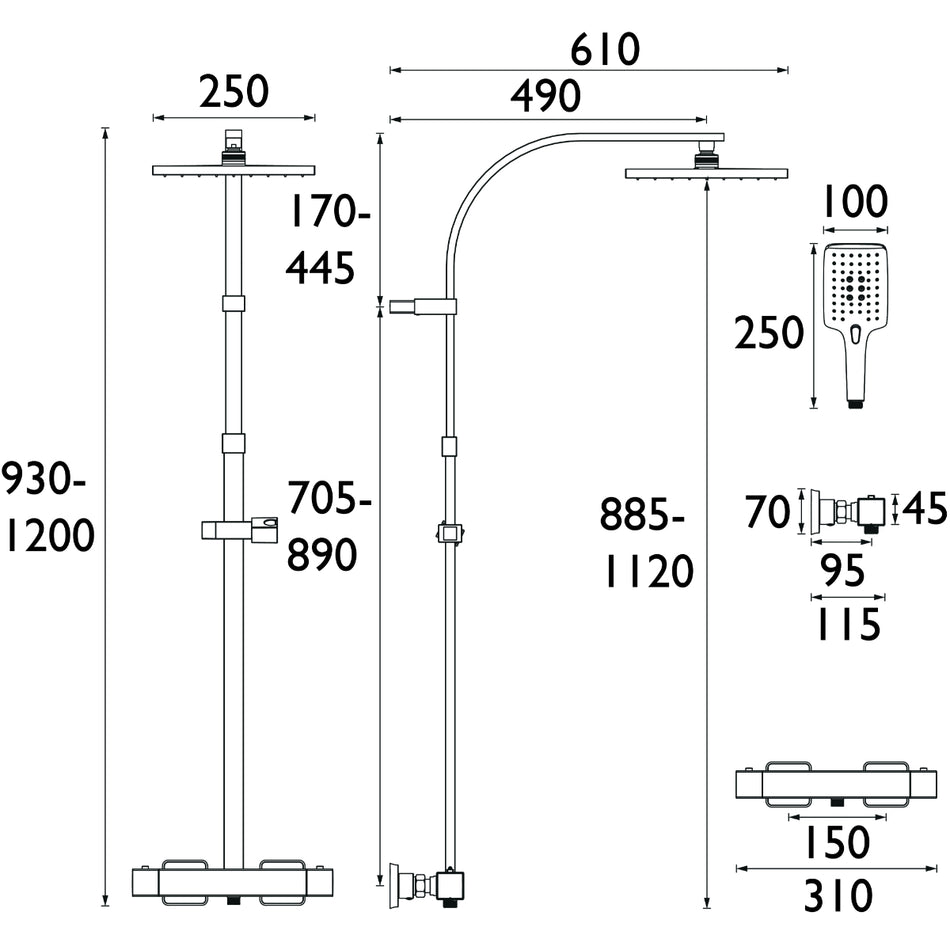 Bristan Quadrato Multi Function Thermostatic Bar Shower Valve With Rigid Riser -Touch Technology - Gun Metal