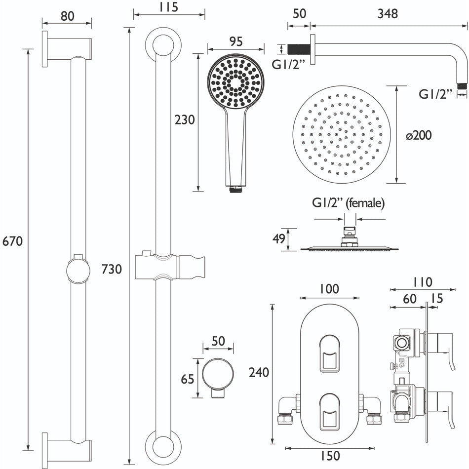 Bristan Saffron Concealed Dual Control Shower Pack - Brushed Brass
